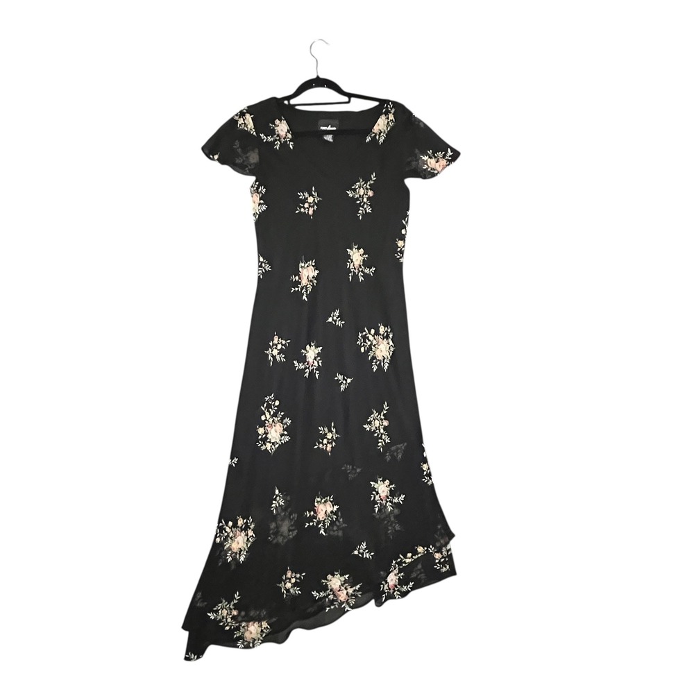 Vintage Black Floral Maxi Dress Y2K 90s Asymmetrical Fairy Grunge Fit Size 4 6 8